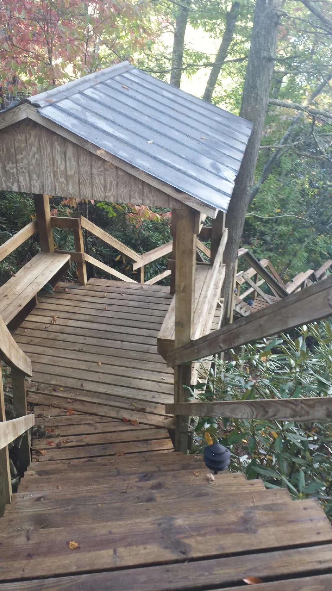 Metal roofed shelter over wooden steps on a wooded walkway — Skylight Repair & Installation work by our crew in Mosinee